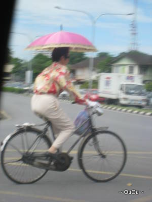 Most Chinese people prefer fair skin. This auntie wears long sleeves and long pants, and carry an umbrealla when cycling. It takes guts to bike on the road with heavy traffic though. And of course she has to use a fuchsia umbrella. :)