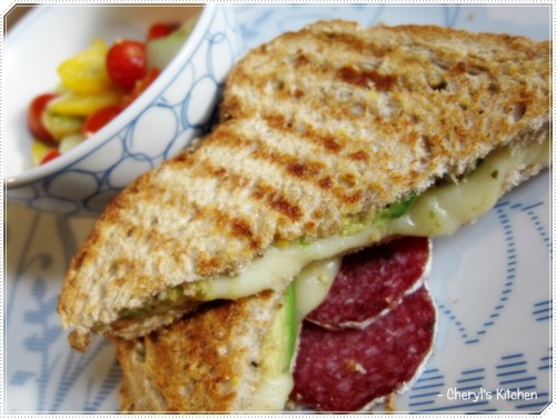 Tomato cucumber salad, cheese panini and of course couple slices of salami. :) Tomato cucumber salad, cheese panini and of course couple slices of salami. :)