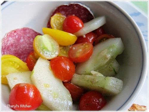 Tomato cucumber salad with green garlic dressing. Tomatoes and cucumbers were from my garden - couldn't be fresher than that. :) Tomato cucumber salad with green garlic dressing. Tomatoes and cucumbers were from my garden - couldn't be fresher than that. :)