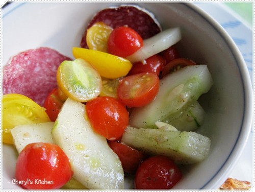 Tomato cucumber salad with green garlic dressing. Tomatoes and cucumbers were from my garden - couldn't be fresher than that. :)