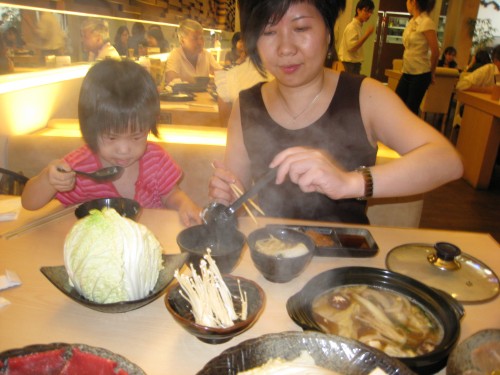 My sister and my niece (hot pot cooking lesson for kids? :))